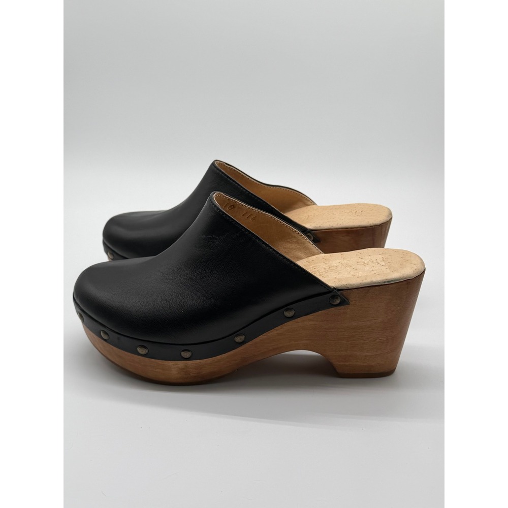 Anthropologie Five Worlds Clogs Sz 10 Black Leather Wood Platform Studded Mules - Picture 8 of 14